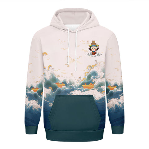 定制打印Logo个性设计中国莆田特色妈祖文化主题男女同款连帽衫外套白绿色YW045-2306017