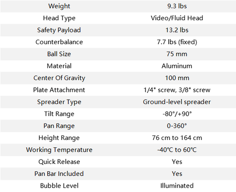 Spécifications du trépied à double jambe en aluminium SCG F5 SteadLight