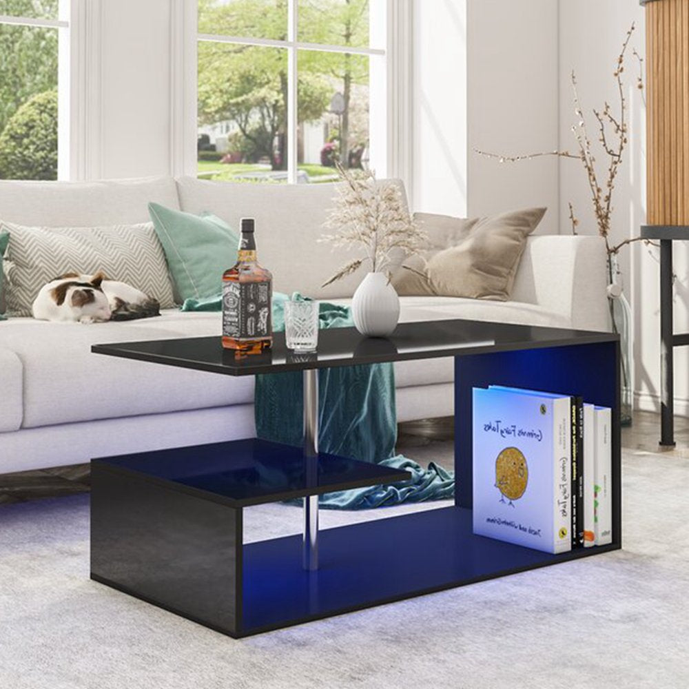 High Gloss Coffee Table with Open Shelf LED Lights