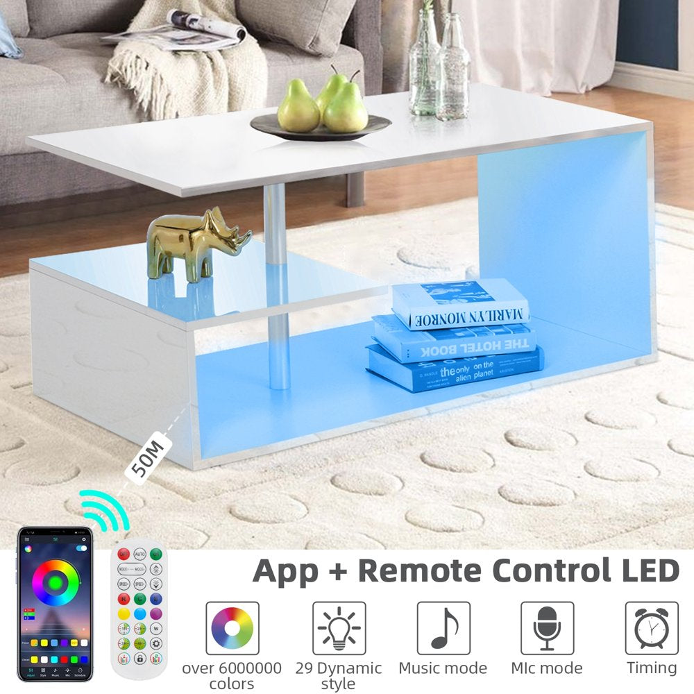 High Gloss Coffee Table with Open Shelf LED Lights