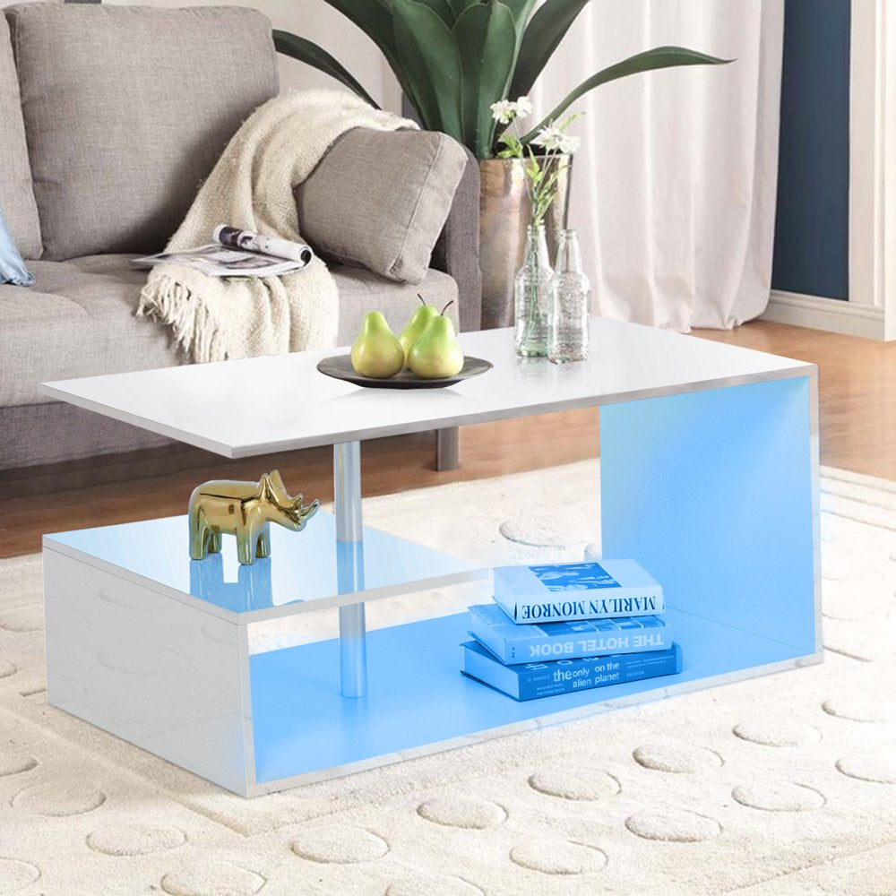High Gloss Coffee Table with Open Shelf LED Lights