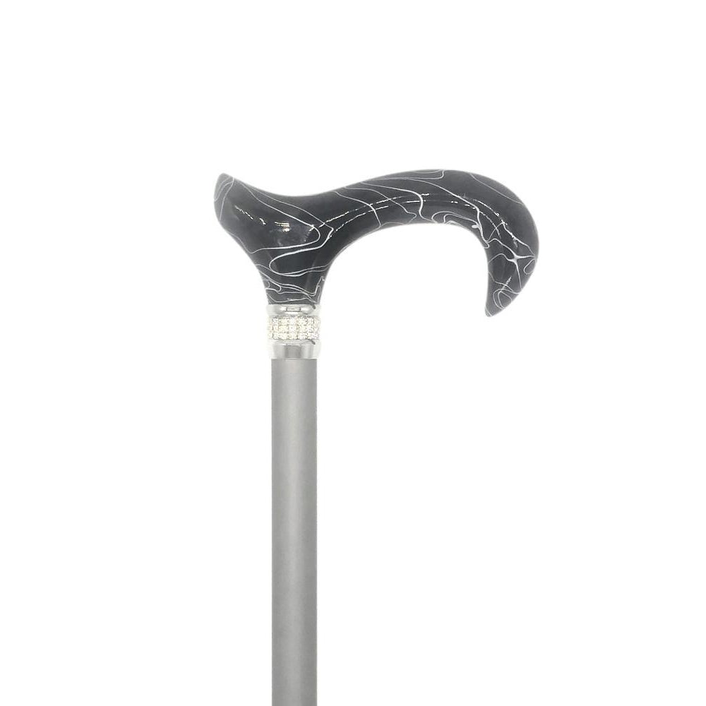 Classy Canes Adjustable Soft Silver Grey with Black Swirl Handle and Rhinestones