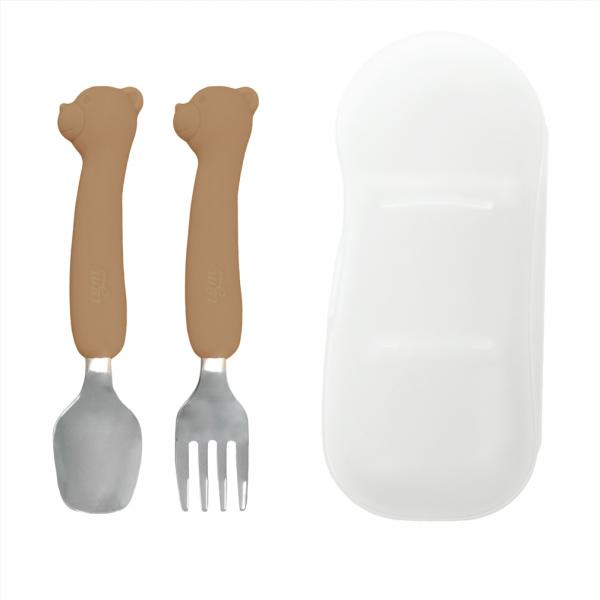 TGM portable silicone stainless steel bear spoon and fork + case, chocolate, spoon + fork + ..., 1 set