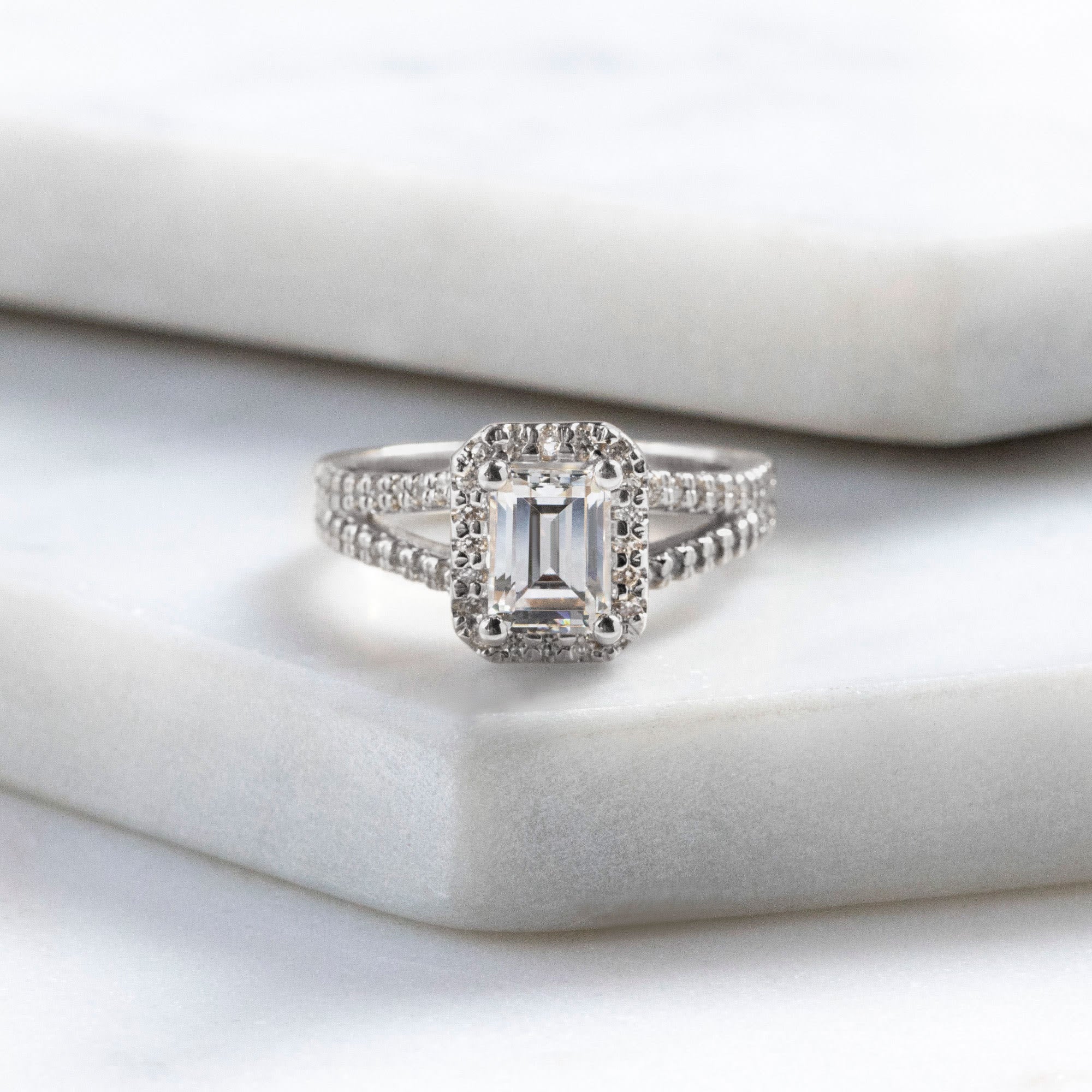 Emerald Cut Split Halo Moissanite Engagement Ring