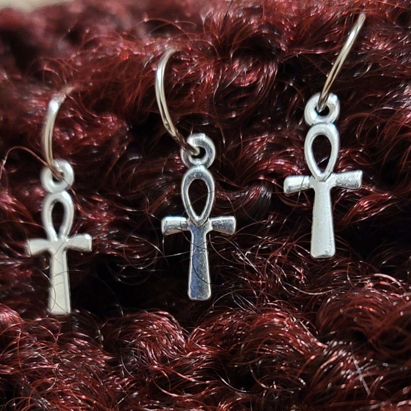 5 Silver Ankh Charm Hair Rings: Loc & Braid Set