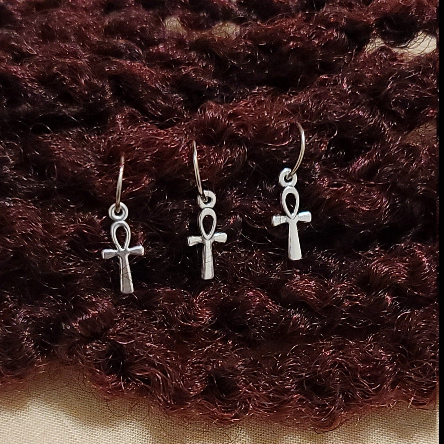 5 Silver Ankh Charm Hair Rings: Loc & Braid Set