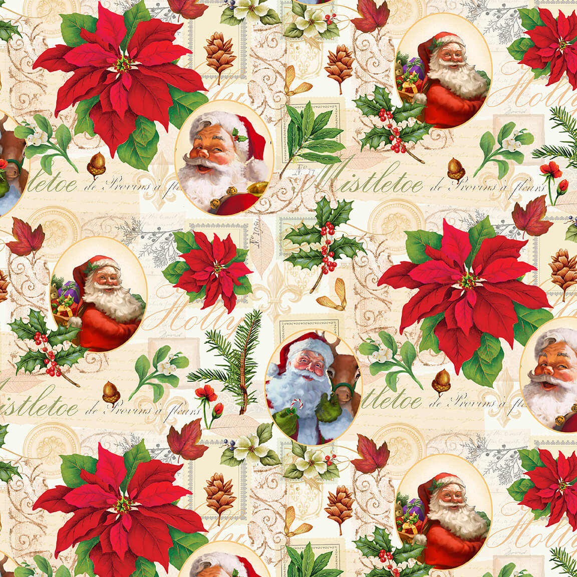 Red Poinsettia and Santa fabric by the yard
