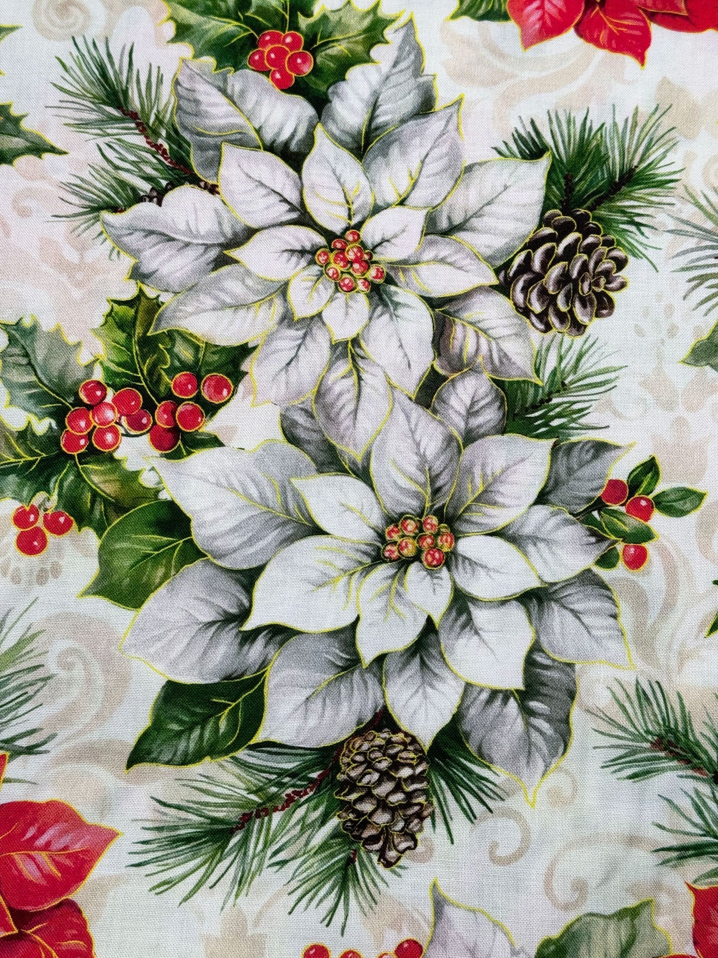 White and Red Poinsettia fabric by the yard Christmas