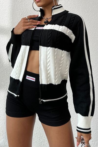 Black And White Color Block Raglan Sleeve Knit Cardigan