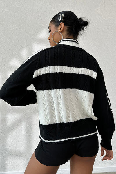 Black And White Color Block Raglan Sleeve Knit Cardigan