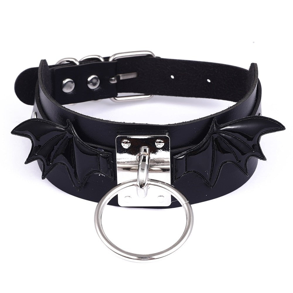 Black Leather Bat Wings Choker Necklace