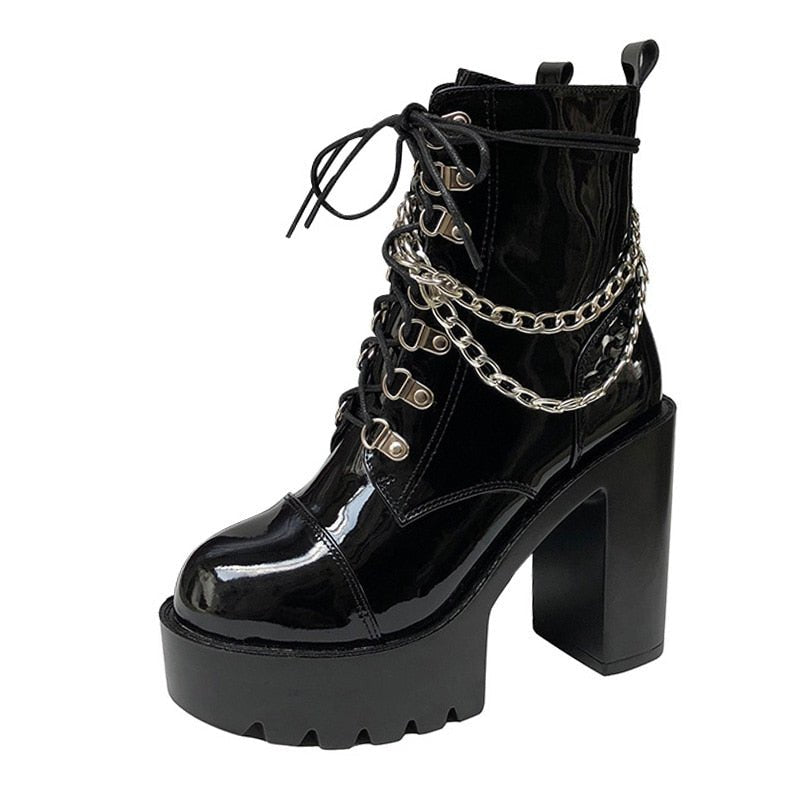 Black Platform High Heel Chain Boots