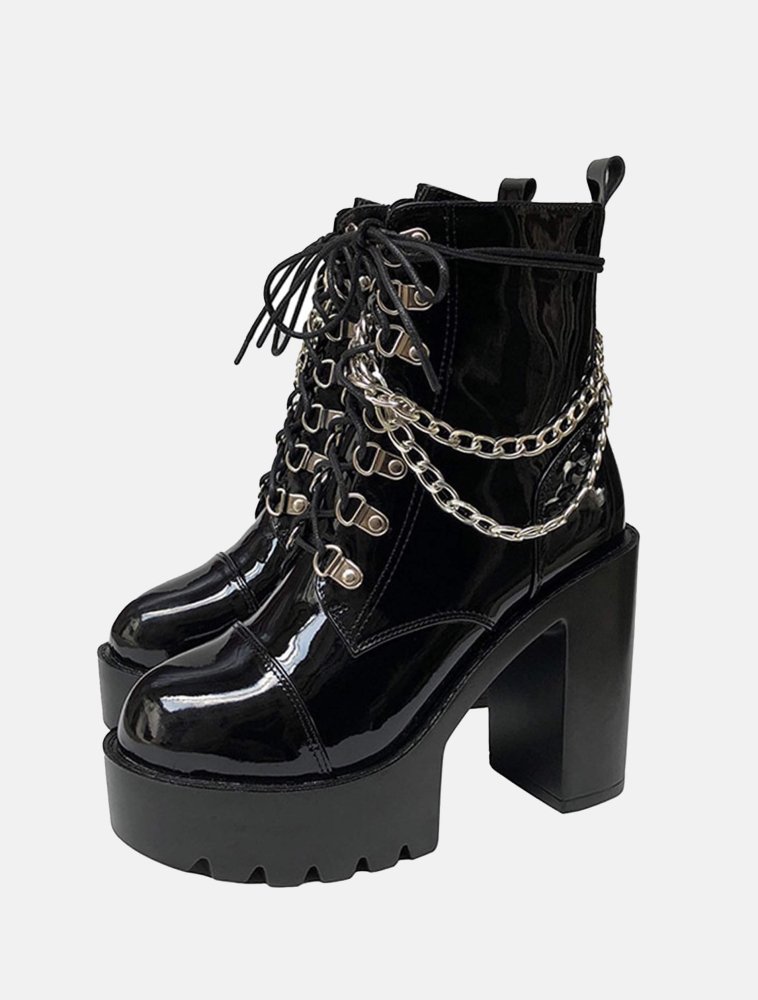 Black Platform High Heel Chain Boots