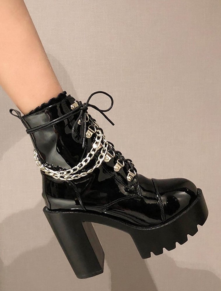 Black Platform High Heel Chain Boots