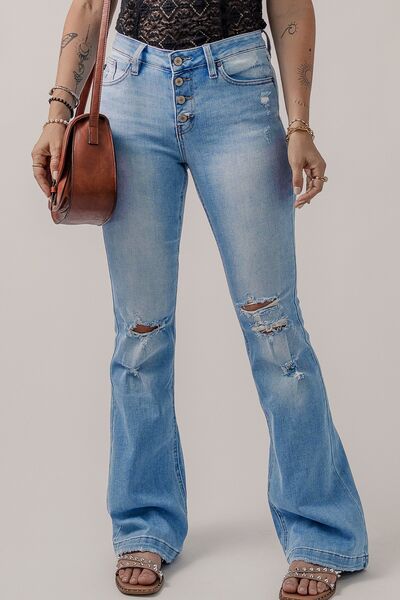 Button-Fly Distressed Flare Hippie Jeans