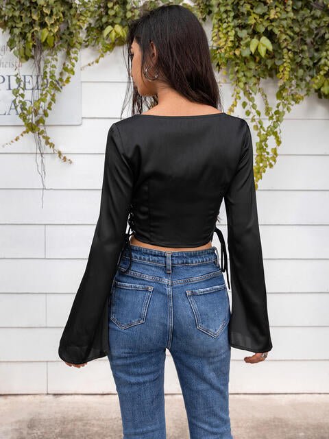 Flare Sleeve Lace Up Acubi Fashion Crop Top