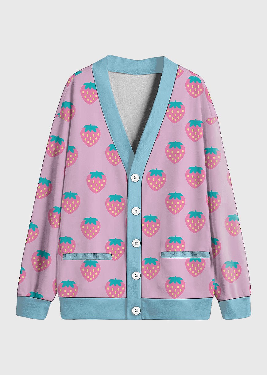 Plus Size Pink Strawberry Kawaii Fleece Cardigan