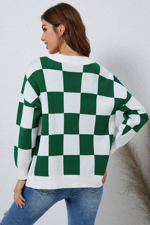 Womens Checkered Button-Up Dropped Shoulder Cardigan