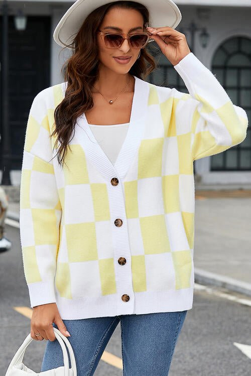 Womens Checkered Button-Up Dropped Shoulder Cardigan