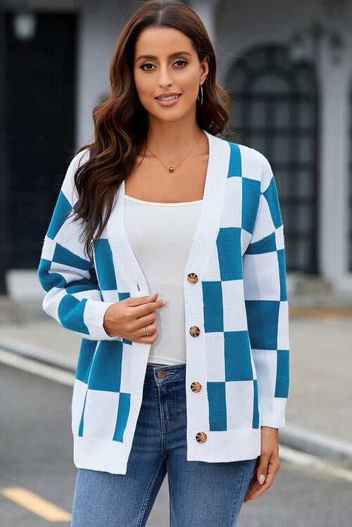 Womens Checkered Button-Up Dropped Shoulder Cardigan