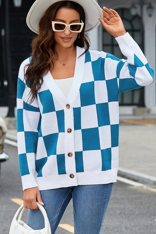 Womens Checkered Button-Up Dropped Shoulder Cardigan