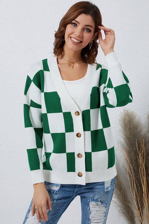 Womens Checkered Button-Up Dropped Shoulder Cardigan