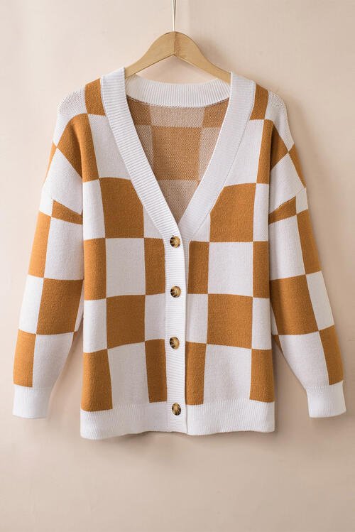 Womens Checkered Button-Up Dropped Shoulder Cardigan