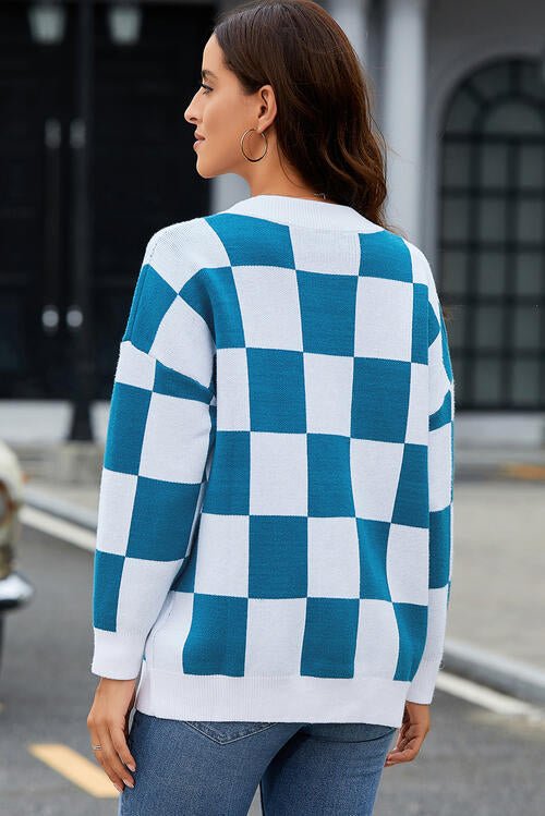 Womens Checkered Button-Up Dropped Shoulder Cardigan