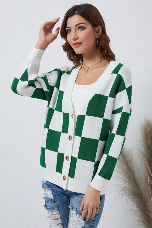 Womens Checkered Button-Up Dropped Shoulder Cardigan