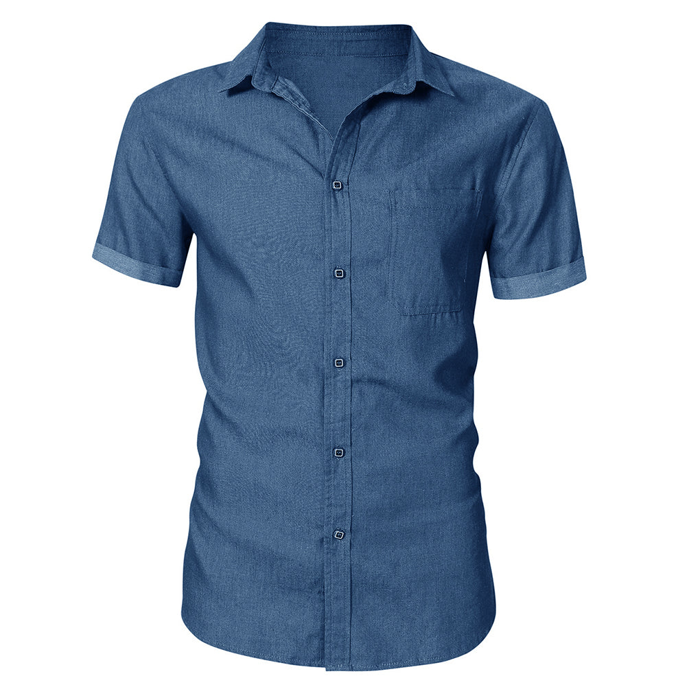 Men Shirt Summer Short Sleeve Solid Color Casual Denim Shirts Slim Fit Single Breasted Button Up Shirt Men