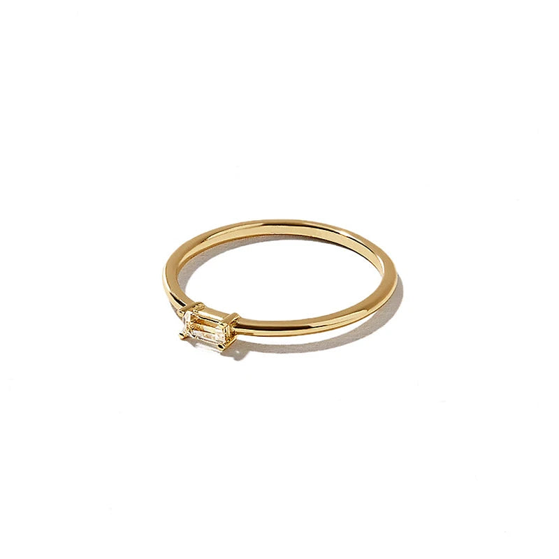 Minimalist 14K Solid Yellow Gold Clear Topaz Ddainty Baguette Gold Ring