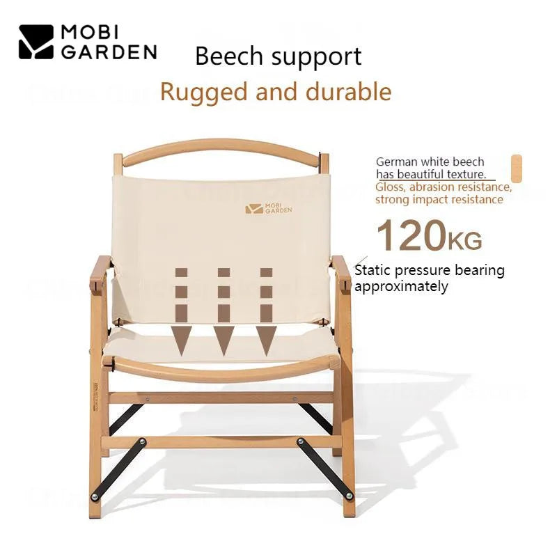 MOBI GARDEN Camping Folding Chair Fishing Outdoor Seat 120Kg Bearing Weight Singler Solid Wood Portable Picnic Chair Travel Tool