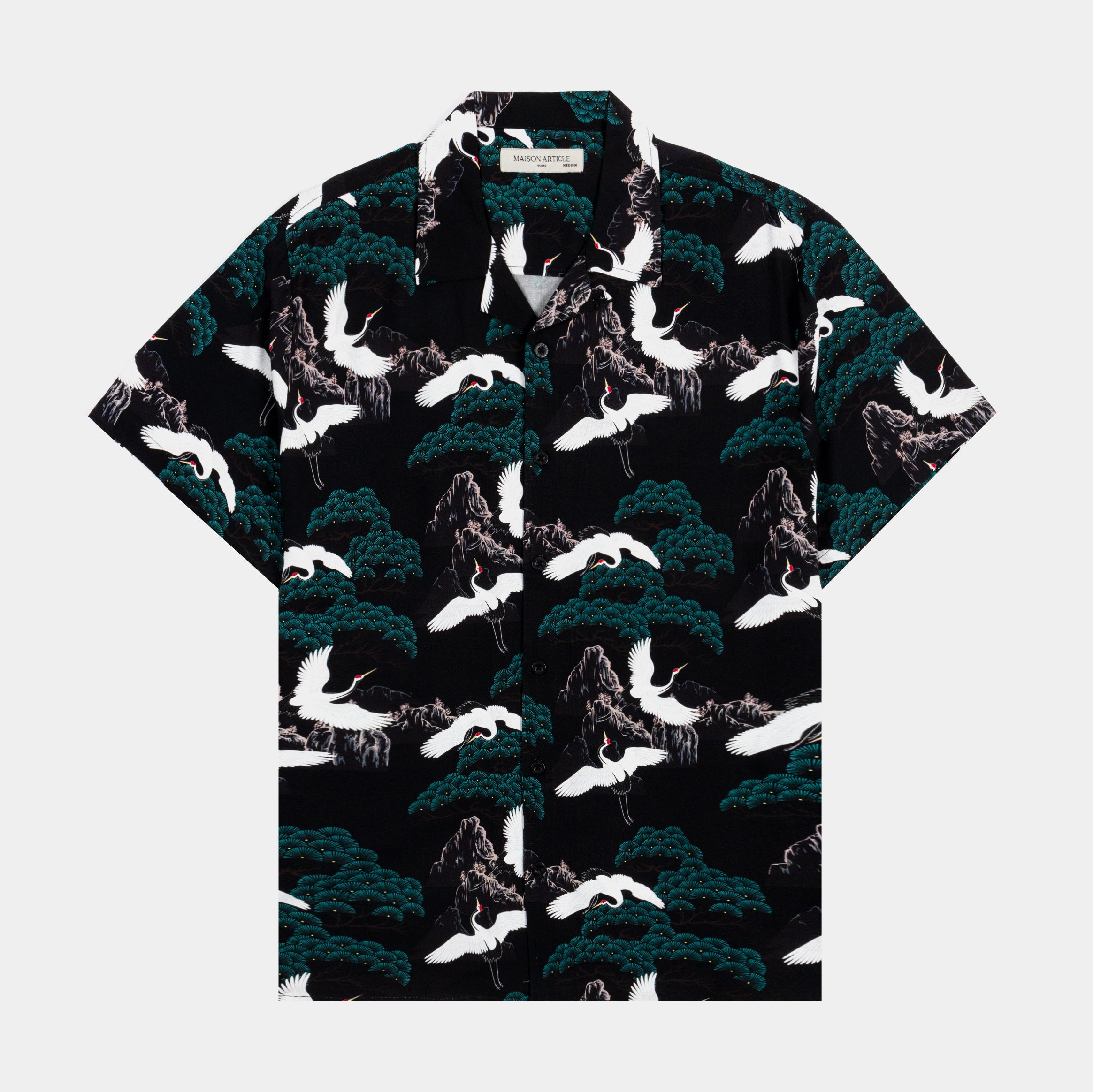 Flying Cranes Woven Rayon Mens Short Sleeve Shirt (Black/Green