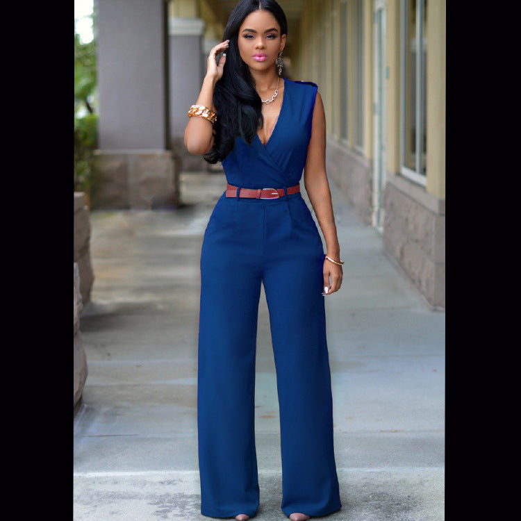 Sexy Wish High Waist V-neck Wide Leg Pants Irregular Suit With Belt