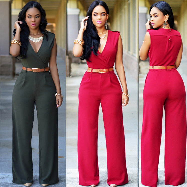 Sexy Wish High Waist V-neck Wide Leg Pants Irregular Suit With Belt