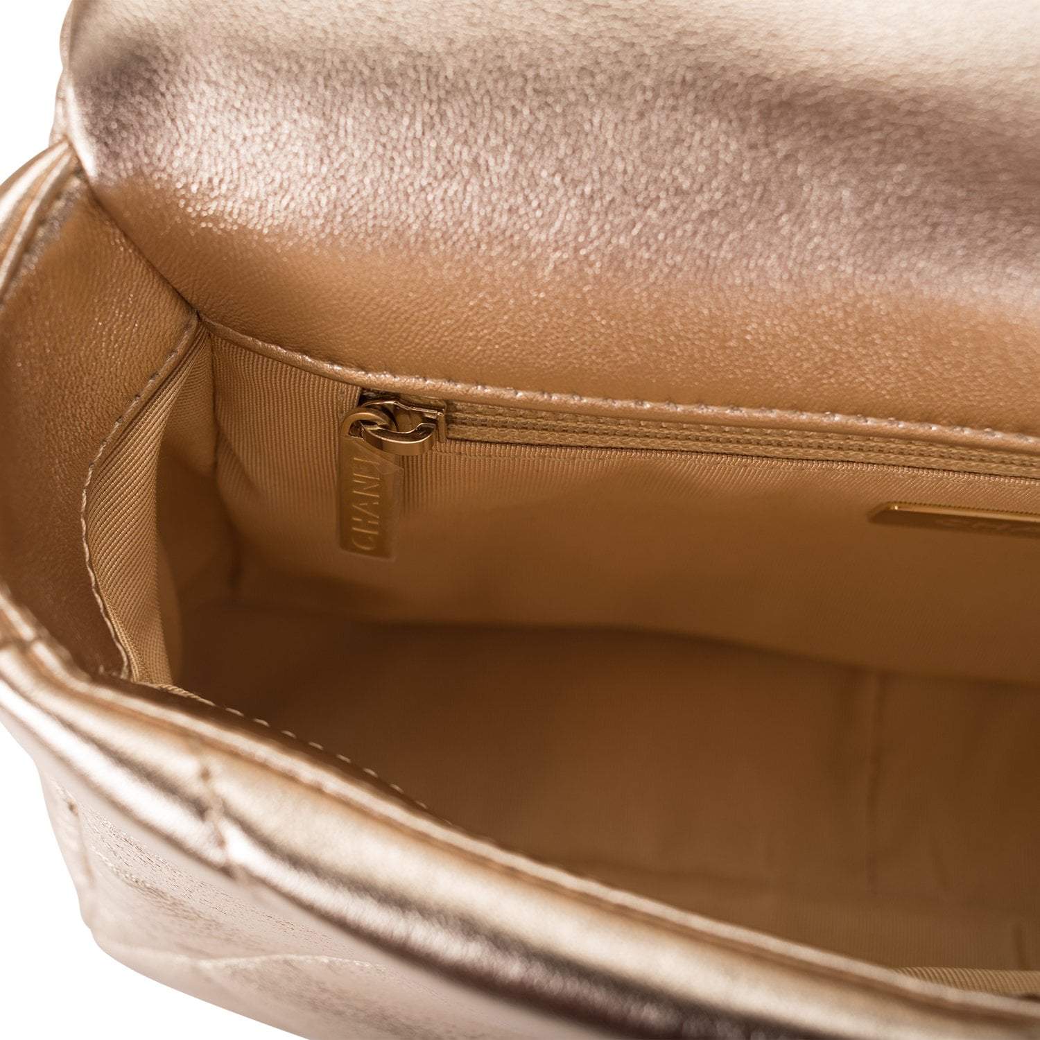 Chanel Gold Metallic Quilted Lambskin Medium 19 Flap Bag Mixed Hardware