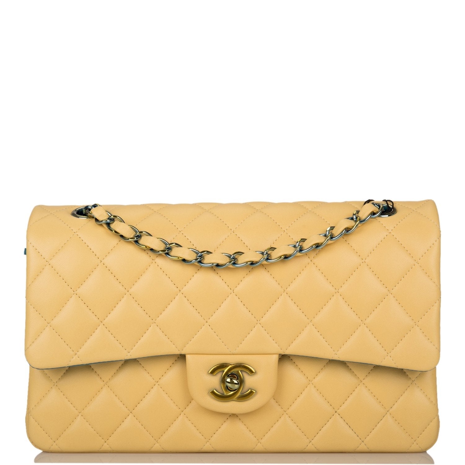 Chanel Yellow Quilted Lambskin Medium Classic Double Flap Bag Rainbow Hardware