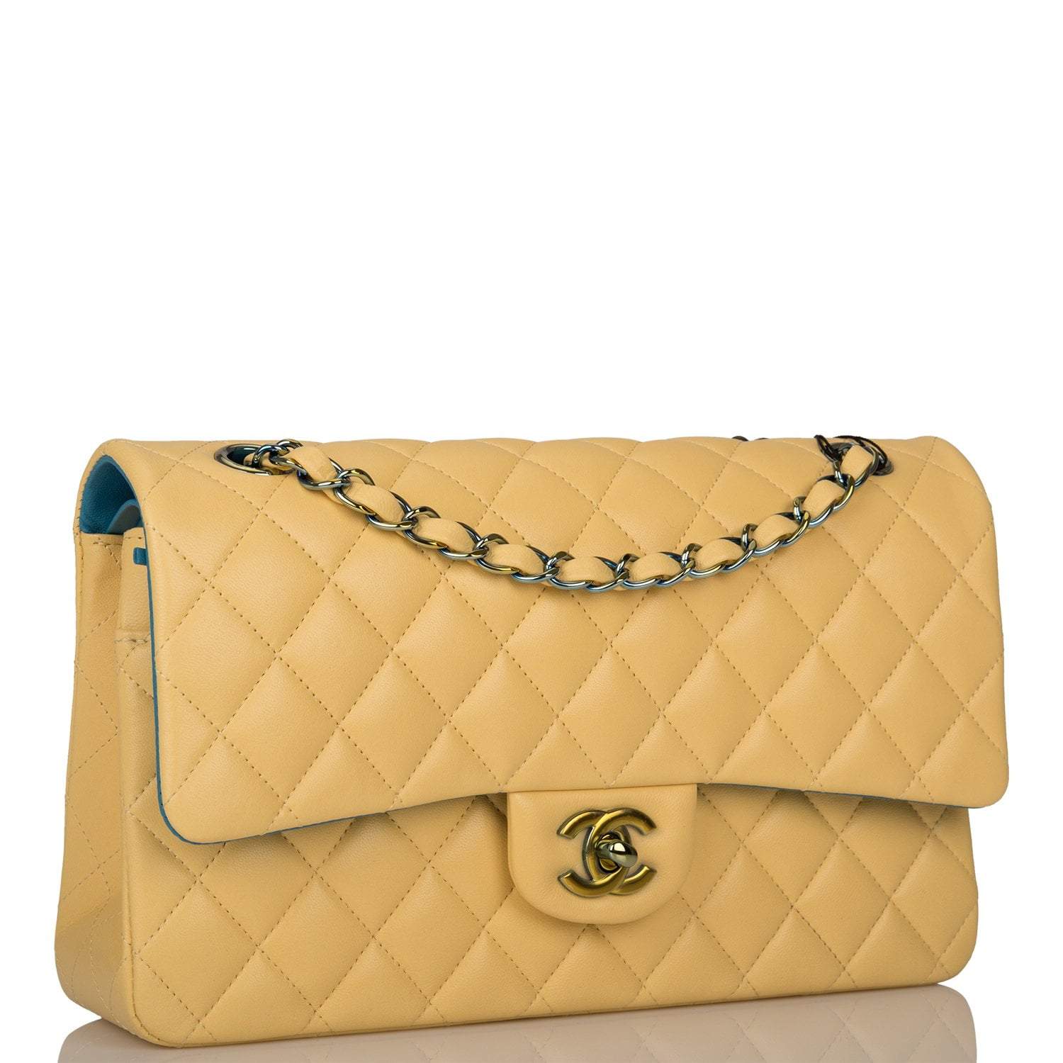 Chanel Yellow Quilted Lambskin Medium Classic Double Flap Bag Rainbow Hardware