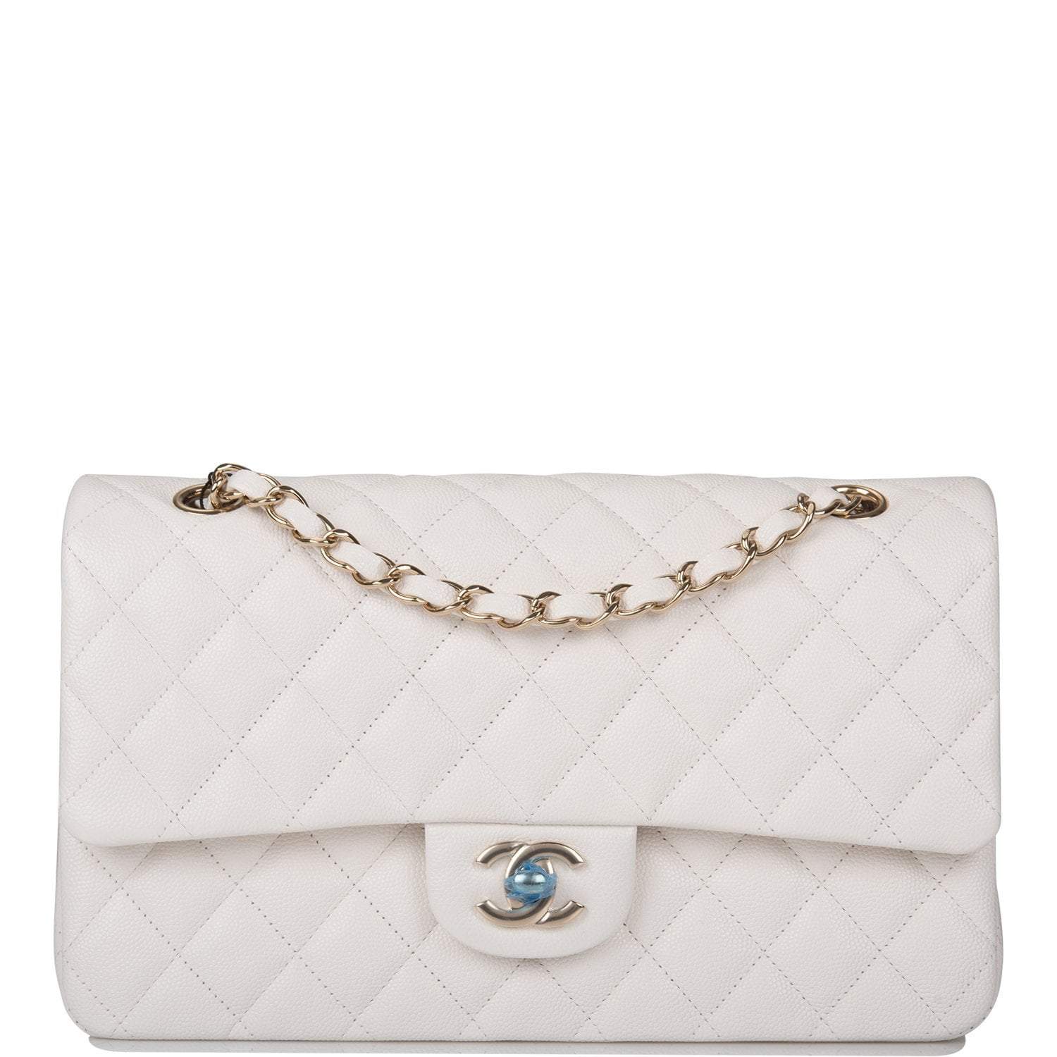 Chanel White Quilted Caviar Medium Classic Double Flap Bag Gold Hardware