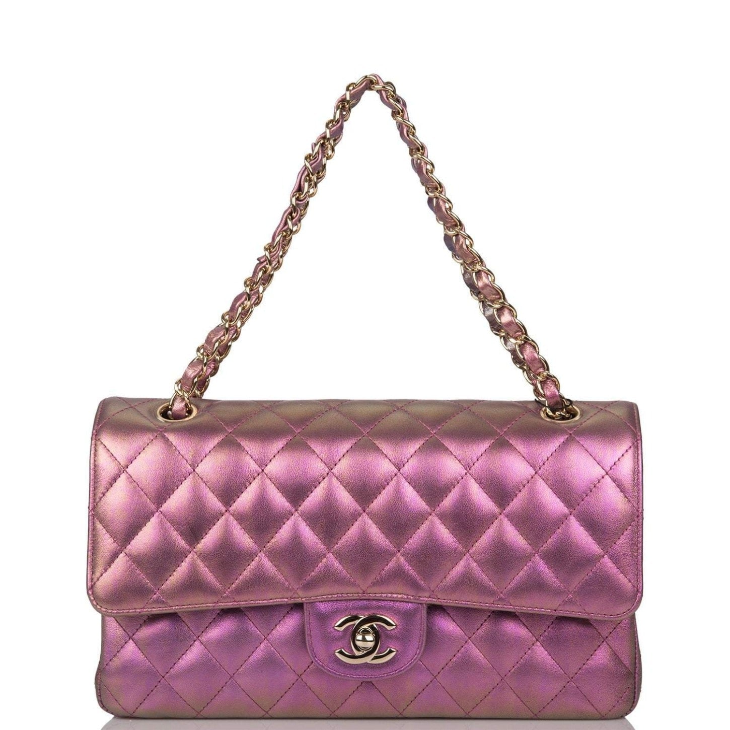 Chanel Purple Iridescent Quilted Lambskin Medium Classic Double Flap Bag Light Gold Hardware