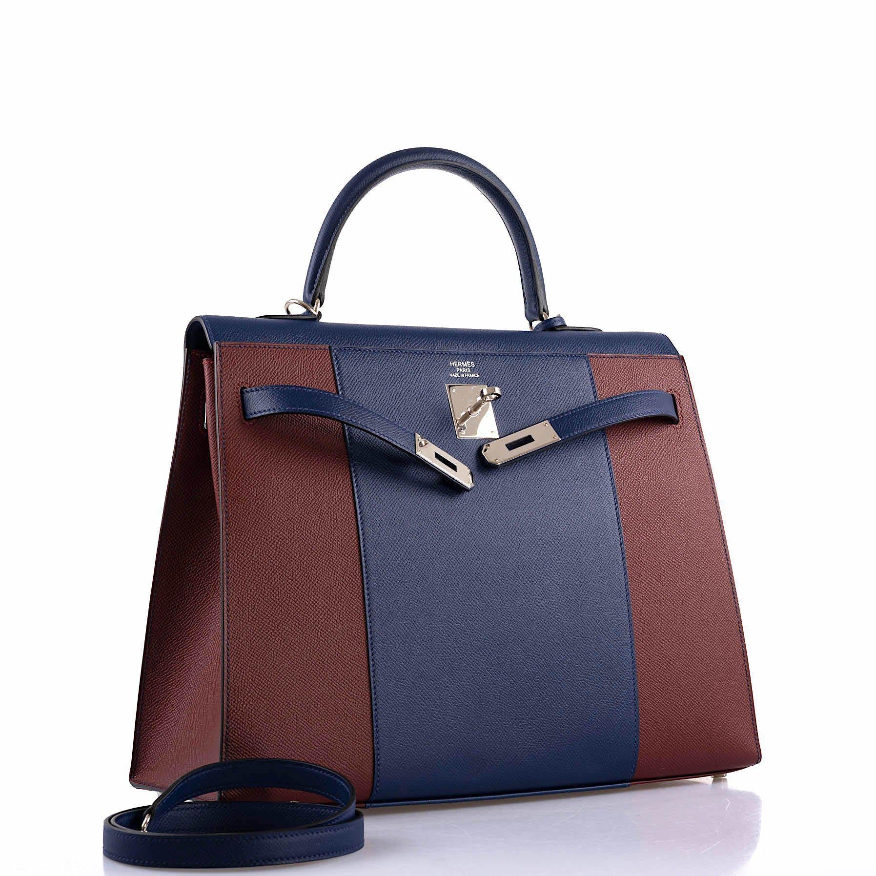 Hermes Flag Kelly 35 Sellier Blue Saphir & Rouge H Epsom Palladium Hardware - 2014, R Square