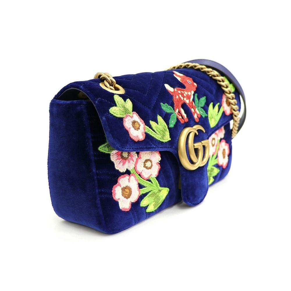 Gucci Flap Marmont GG Embroidered Matelasse Blue Velvet Cross Body 443497