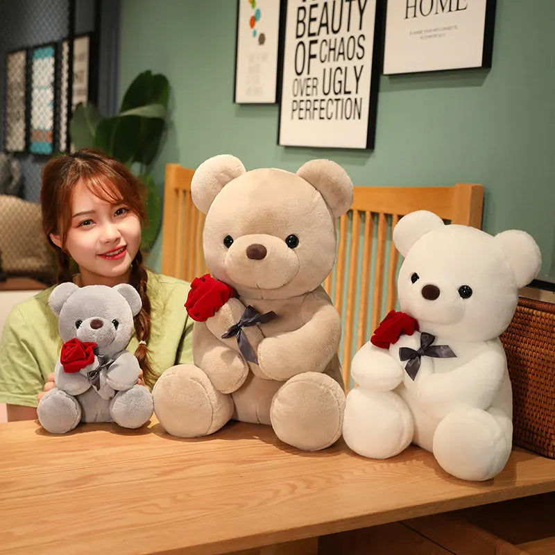 SRline 23-45cm New Lovely Hug Roses Teddy Bear Plush Pillow Stuffed Soft Animal Dolls