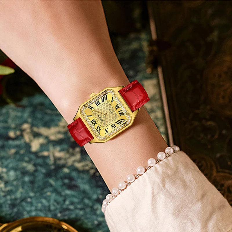 SRline Italian Genuine Leather Belt Gold Luxury Stainless Steel watch