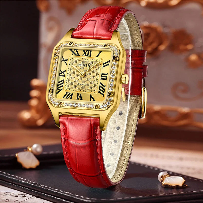 SRline Italian Genuine Leather Belt Gold Luxury Stainless Steel watch