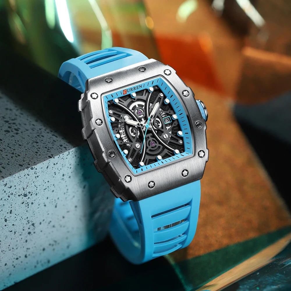 SRline Japanese Square Luminous Sport Casual Silicone Half Hollow Auto Date Dial Wristwatches