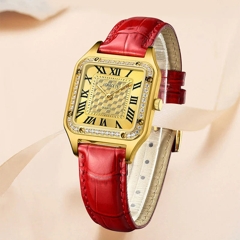 SRline Italian Genuine Leather Belt Gold Luxury Stainless Steel watch