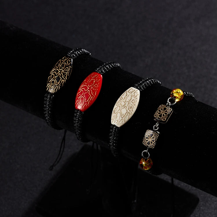 SRline Vintage Ethnic Style Men Adjustable Black Hand Woven Rope Pendant Bracelet