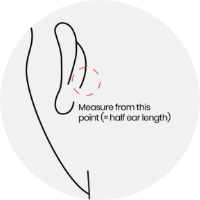 Step 1: Grab a flexible cable (e.g. usb cable) and a ruler. Align the left side of your cable with your lower left ear as shown in the image. If you’re using tailor’s measuring tape, align the left side of the measuring tape behind your left ear in the same way.
Step 2: Hold the end of the cable/measuring tape steady on the left side and pull the right side along the back of your head until it meets your right ear. Mark the point.