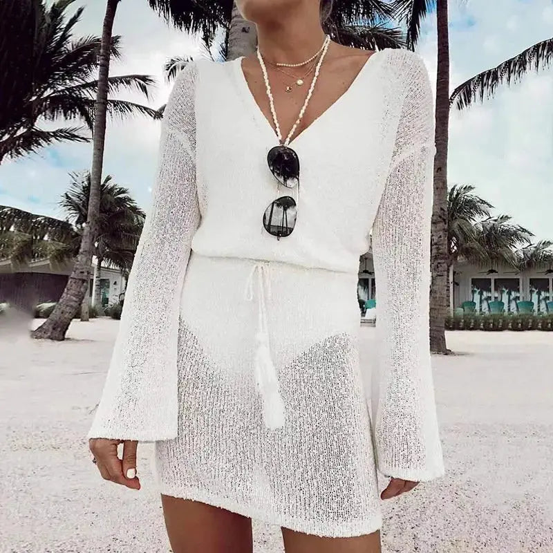 Knitted Beachwear Crochet Beach Dress Women V Neck Beach Maxi Dress Swimsuit Cover Up Summer Dress Bikini Cover Up Crochet Dress